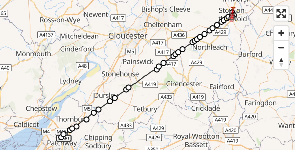Flight route Air Ambulance Helicopter Almondsbury Helicopter Base - Stow-on-the-Wold, 16 August 2026, 11:33