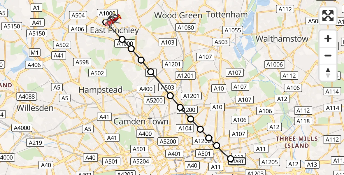 Flight route Air Ambulance Helicopter Royal London Hospital - Finchley, 16 August 2026, 11:39