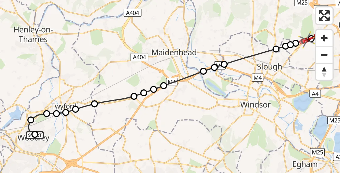 Flight route Air Ambulance Helicopter Woodley - Iver Heath, 16 August 2026, 11:41