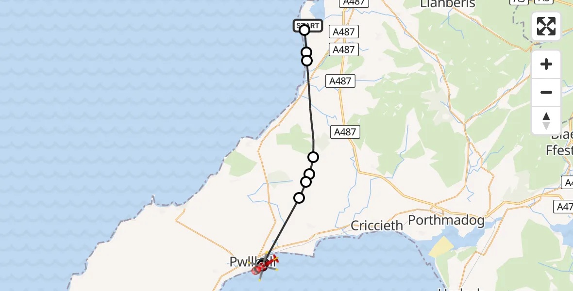 Flight route Air Ambulance Helicopter Caernarfon Airport - Pwllheli, 16 August 2026, 11:50