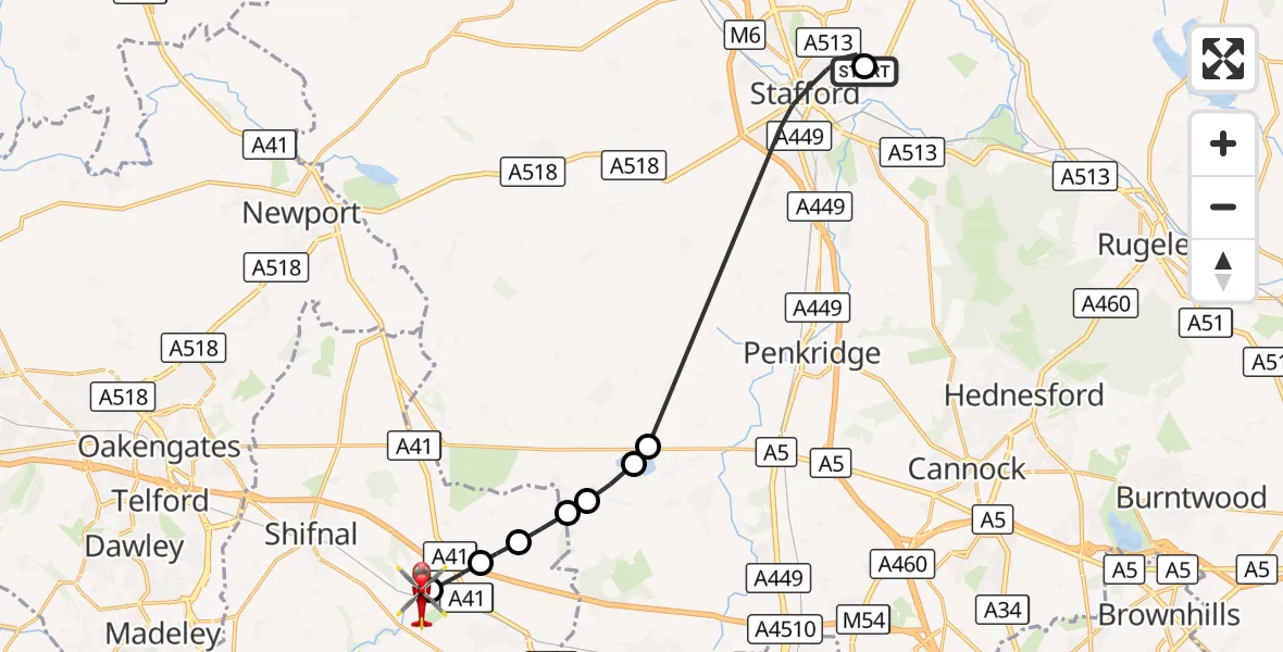 Flight route Air Ambulance Helicopter Stafford - Cosford, 16 August 2026, 11:55