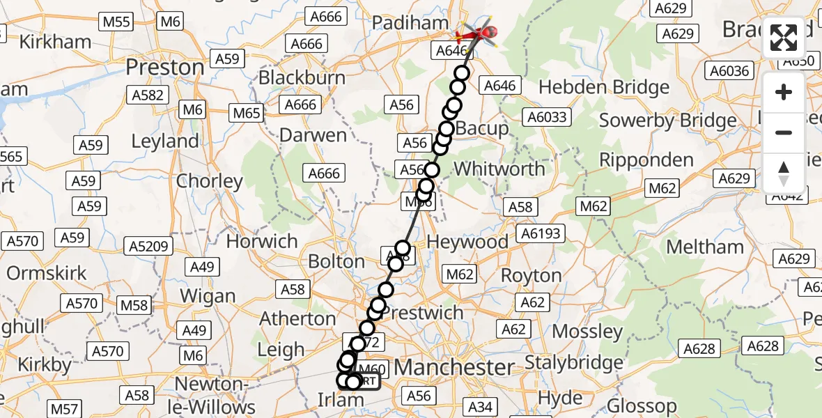 Flight route Air Ambulance Helicopter Manchester Barton Aerodrome - Burnley, 16 August 2026, 11:56