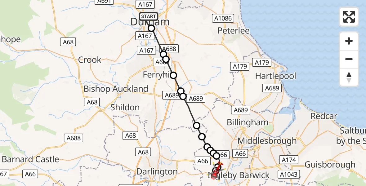 Flight route Air Ambulance Helicopter Durham - Egglescliffe, 16 August 2026, 12:09