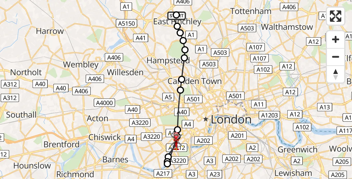 Flight route Air Ambulance Helicopter Finchley - Chelsea, 16 August 2026, 12:17