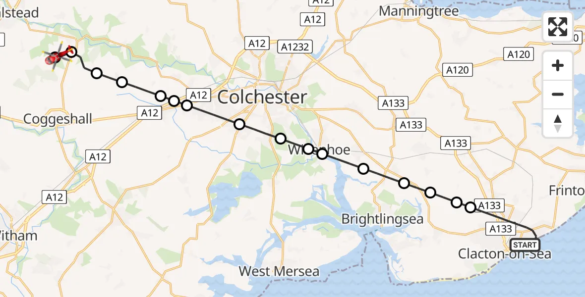 Flight route Air Ambulance Helicopter Clacton-on-Sea - Earls Colne Airfield, 16 August 2026, 12:28