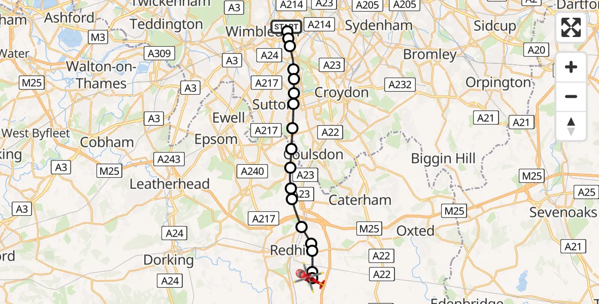 Flight route Air Ambulance Helicopter St Georges Hospital - Redhill Aerodrome, 16 August 2026, 12:32