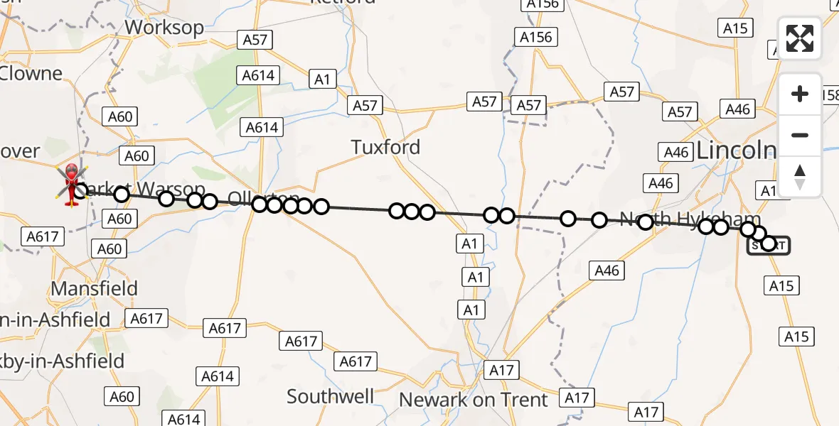 Flight route Air Ambulance Helicopter RAF Waddington - Shirebrook, 16 August 2026, 12:35