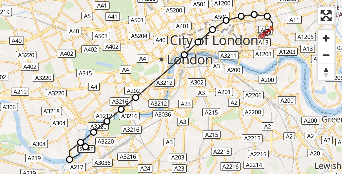 Flight route Air Ambulance Helicopter London Heliport - Royal London Hospital, 16 August 2026, 12:40