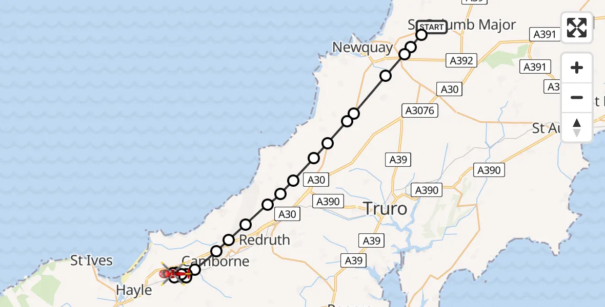 Flight route Air Ambulance Helicopter Cornwall Airport Newquay - Carnhell Green, 16 August 2026, 12:46