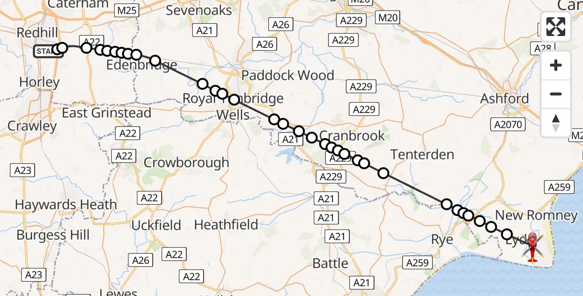 Flight route Air Ambulance Helicopter Redhill Aerodrome - Lydd, 16 August 2026, 12:47