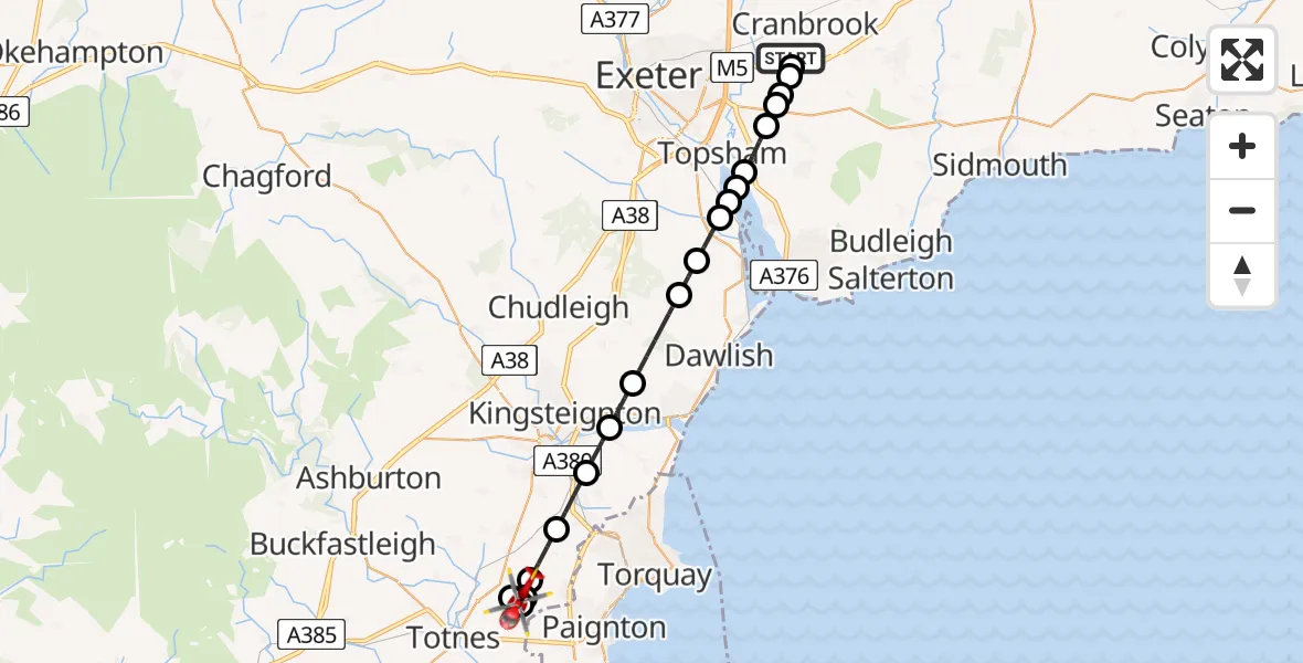Flight route Air Ambulance Helicopter Exeter International Airport - South Hams, 16 August 2026, 12:51