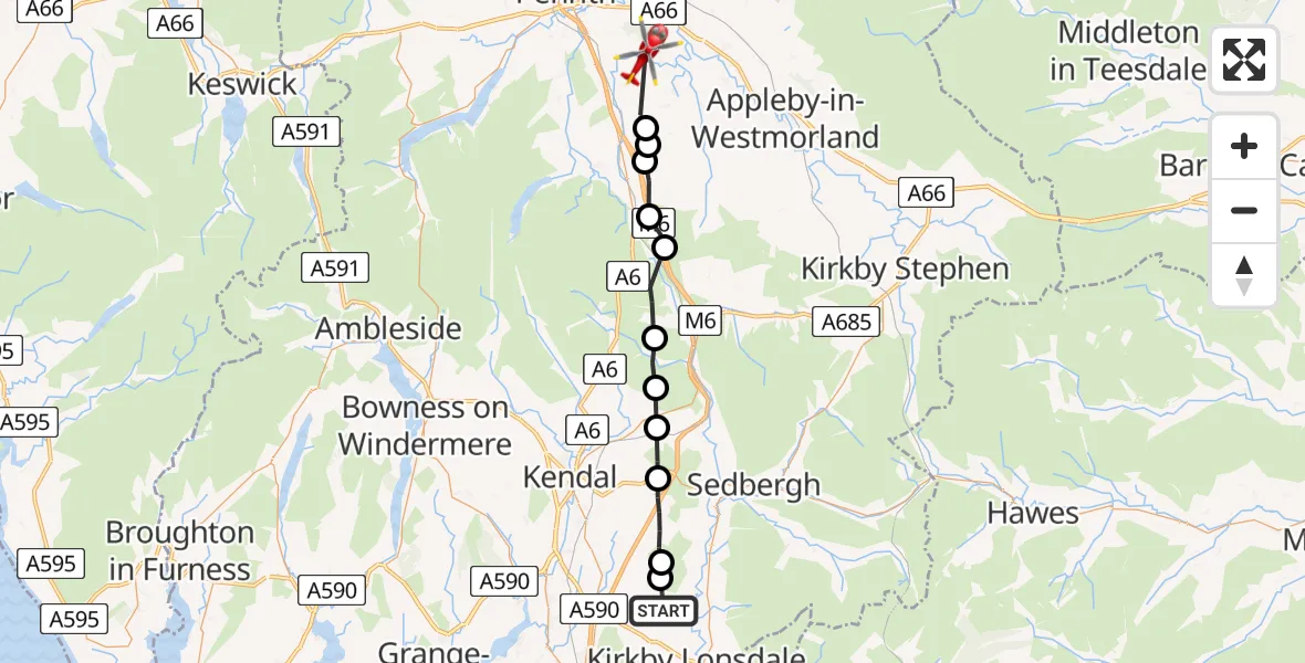 Flight route Air Ambulance Helicopter Old Town - Melkinthorpe, 16 August 2026, 12:54