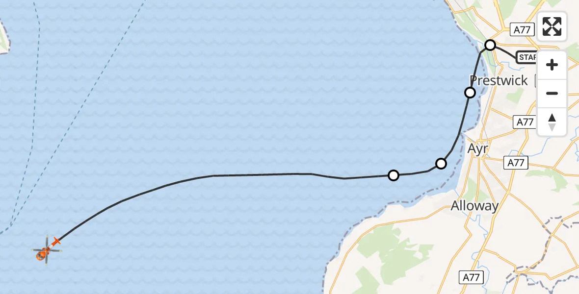 Flight route Coastguard Helicopter Glasgow Prestwick Airport - Inner Seas, 16 August 2026, 12:59