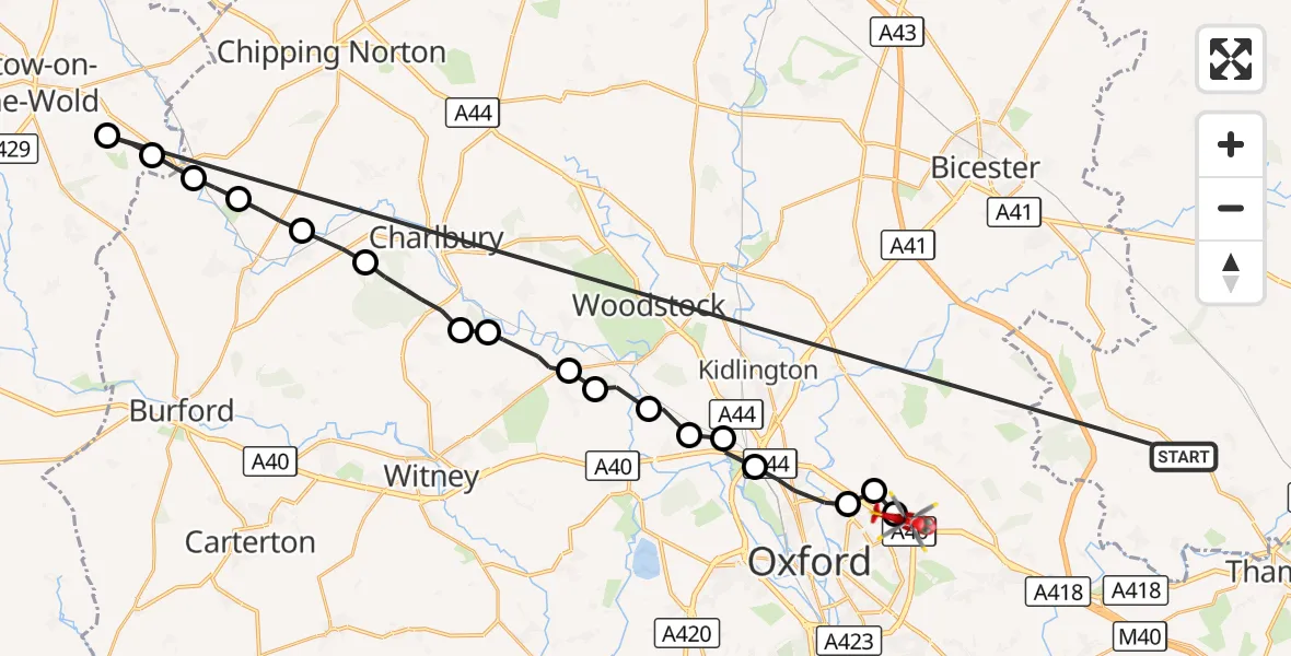 Flight route Air Ambulance Helicopter Oakley - Oxford, 16 August 2026, 13:01
