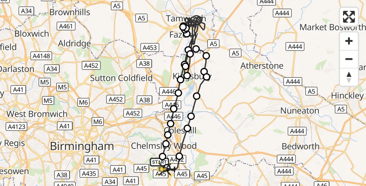 Flight route Police Helicopter Birmingham Airport - Birmingham Airport, 16 August 2026, 13:03