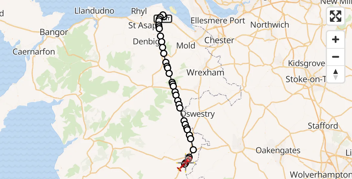 Flight route Air Ambulance Helicopter Lloc - Welshpool Airport, 16 August 2026, 13:04