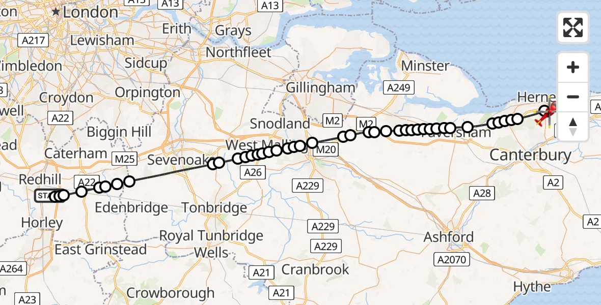 Flight route Air Ambulance Helicopter Redhill Aerodrome - Herne, 16 August 2026, 13:20