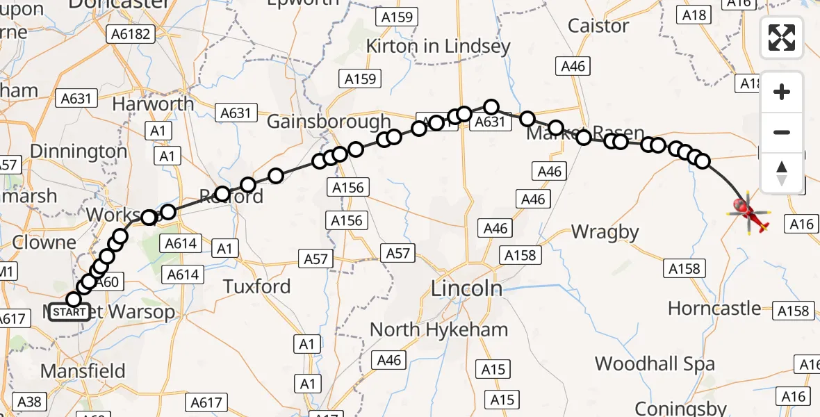 Flight route Air Ambulance Helicopter Shirebrook - East Lindsey, 16 August 2026, 13:27