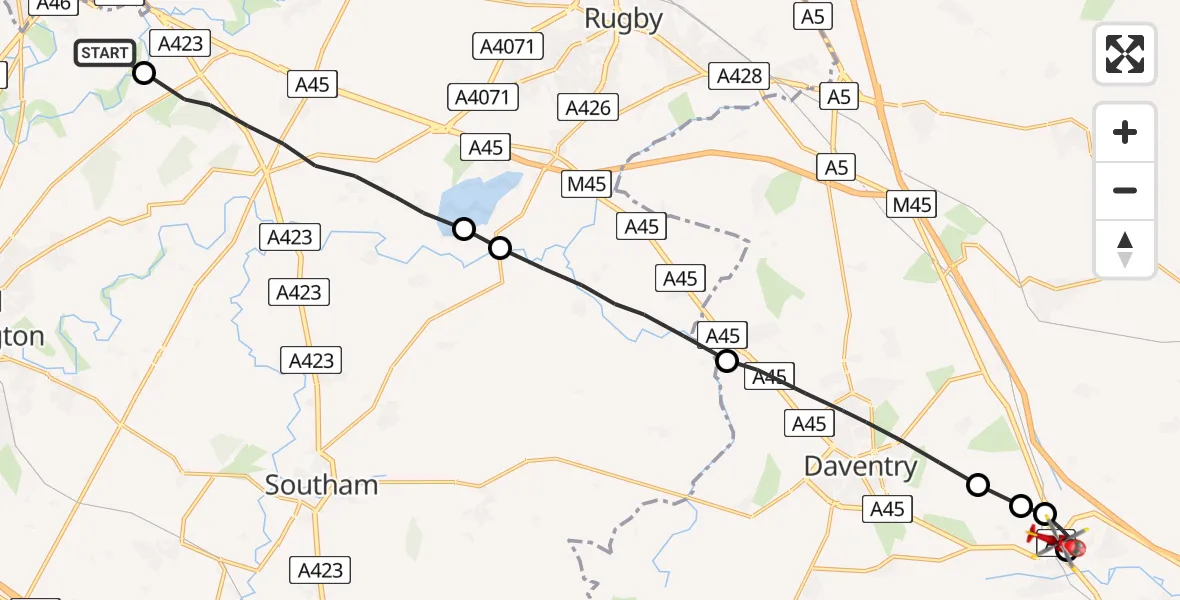Flight route Air Ambulance Helicopter Coventry Airport - Brockhall, 16 August 2026, 13:35