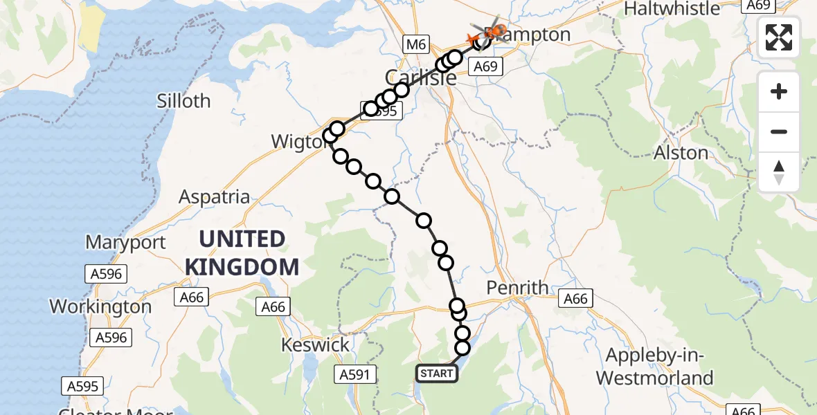 Flight route Coastguard Helicopter Ullswater - Carlisle Lake District Airport, 16 August 2026, 13:43
