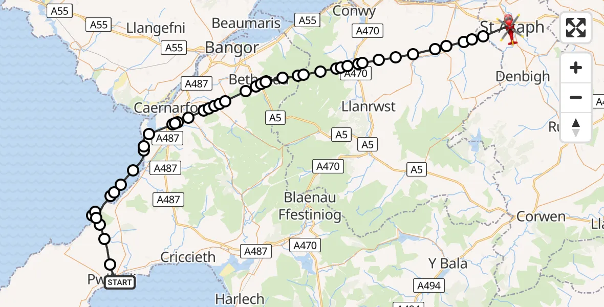 Flight route Air Ambulance Helicopter Pwllheli - St Asaph, 16 August 2026, 13:47
