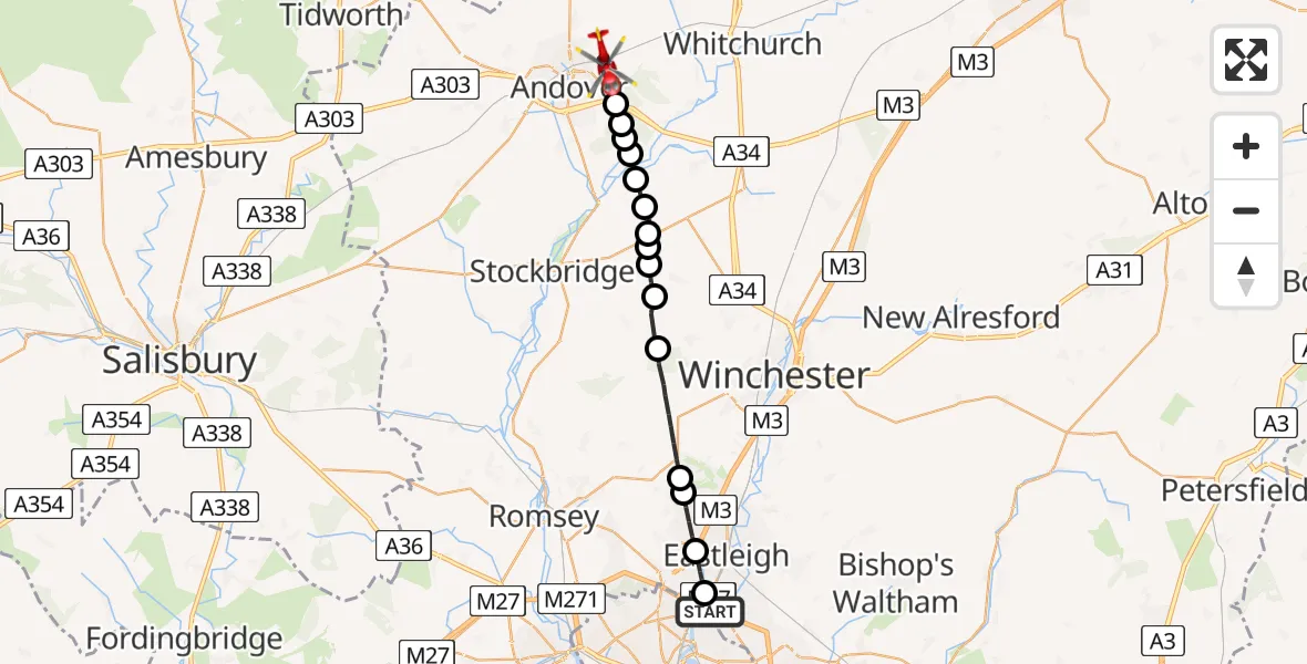Flight route Air Ambulance Helicopter Southampton Airport - Andover, 16 August 2026, 13:55