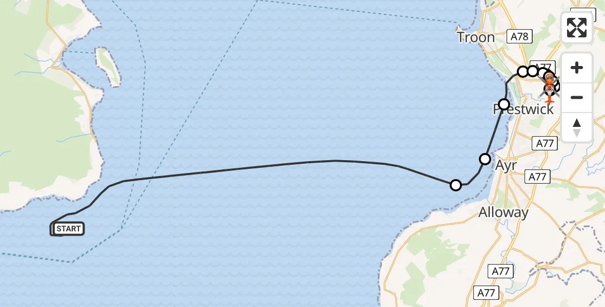 Flight route Coastguard Helicopter Inner Seas - Glasgow Prestwick Airport, 16 August 2026, 13:56