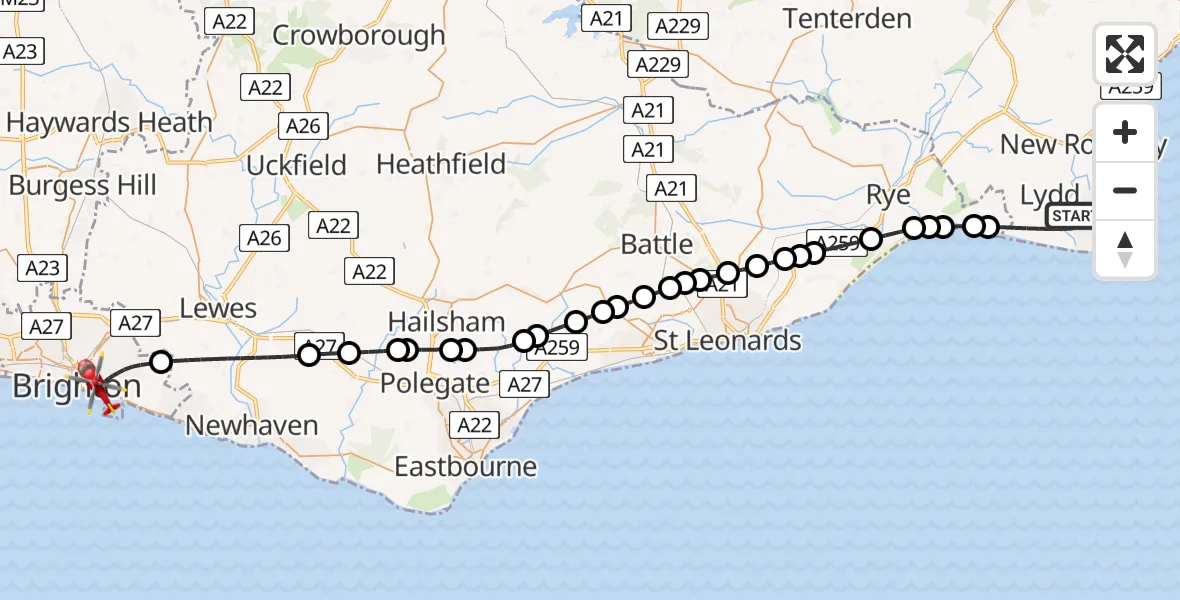 Flight route Air Ambulance Helicopter Lydd - Brighton, 16 August 2026, 14:00