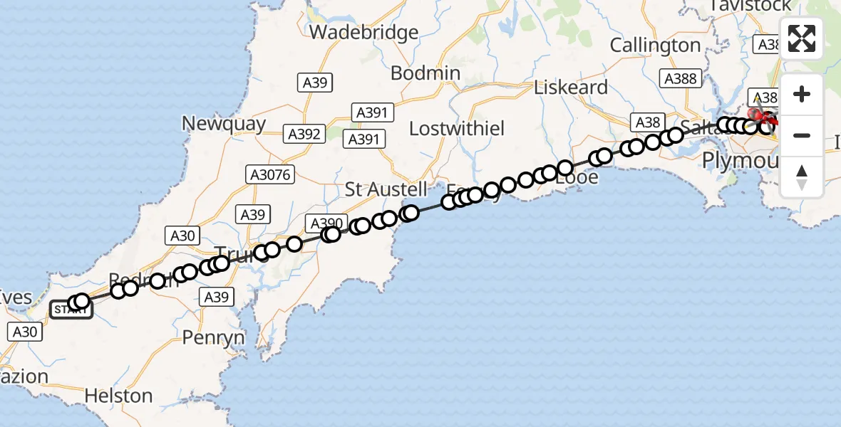 Flight route Air Ambulance Helicopter Carnhell Green - Estover, 16 August 2026, 14:02