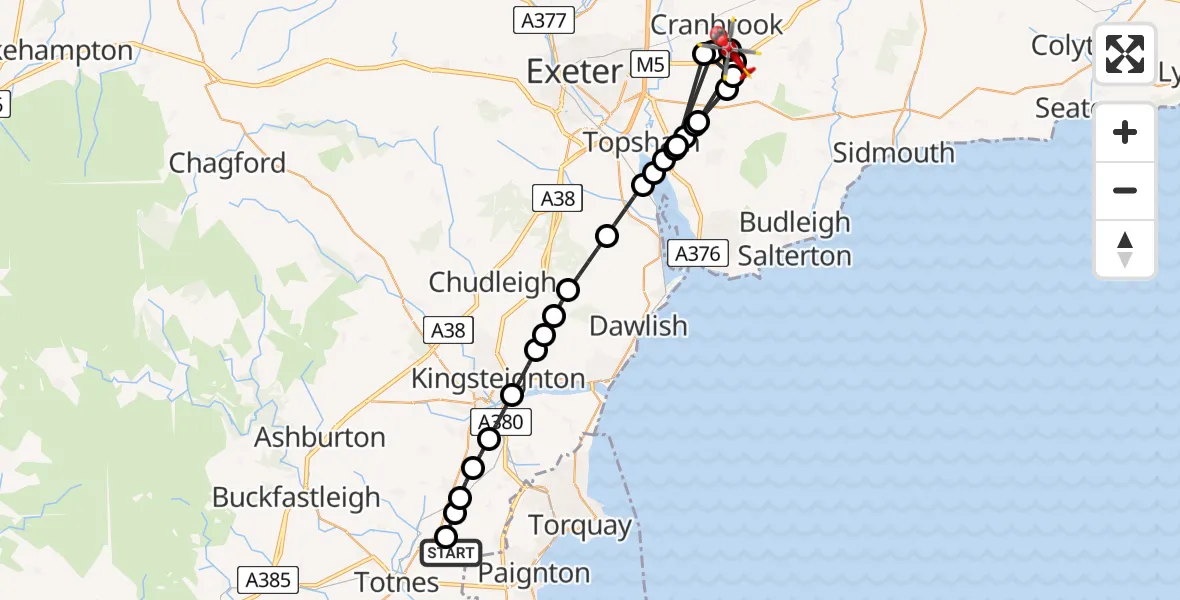 Flight route Air Ambulance Helicopter Berry Pomeroy - Rockbeare, 16 August 2026, 14:12