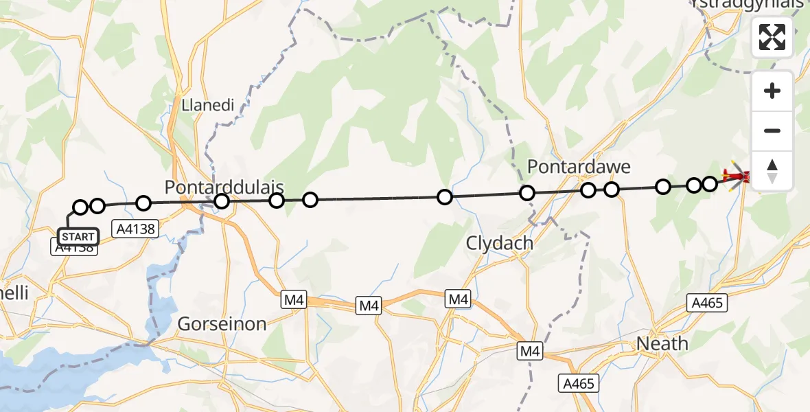 Flight route Air Ambulance Helicopter Dafen - Crynant, 16 August 2026, 14:16