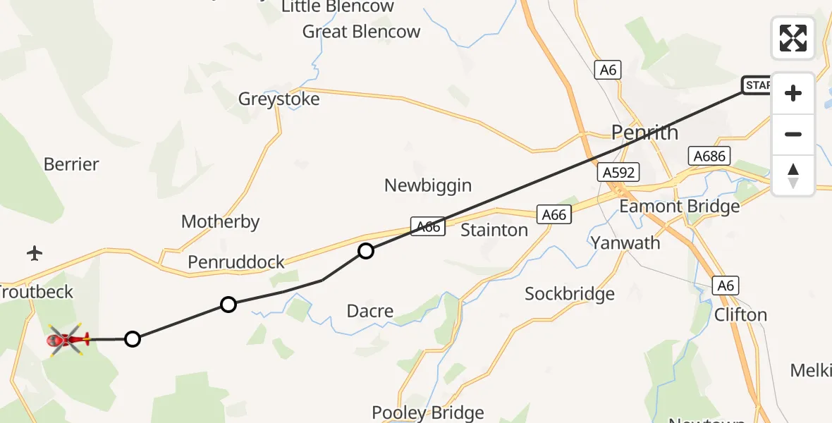 Flight route Air Ambulance Helicopter Penrith - Matterdale End, 16 August 2026, 14:16