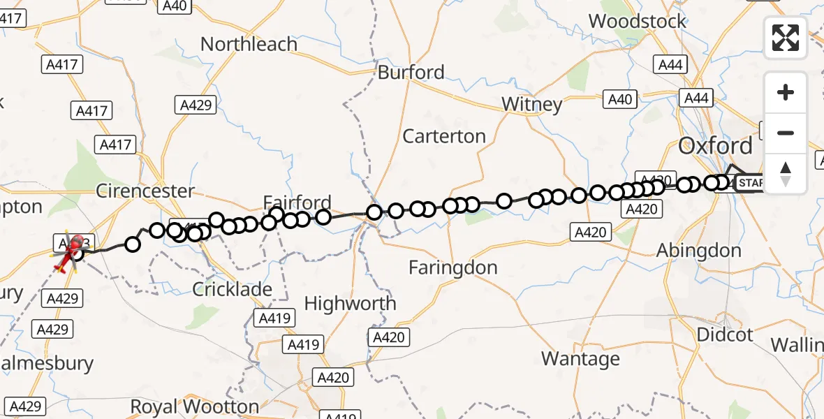 Flight route Air Ambulance Helicopter Oxford - Cotswold Airport, 16 August 2026, 14:17