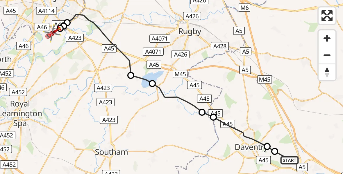 Flight route Air Ambulance Helicopter Dodford - Coventry Airport, 16 August 2026, 14:31