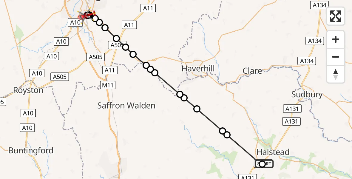 Flight route Air Ambulance Helicopter Halstead - Papworth Hospital, 16 August 2026, 14:32