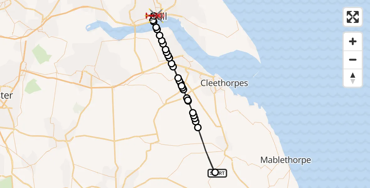 Flight route Air Ambulance Helicopter Belchford - Hull Royal Infirmary, 16 August 2026, 14:36