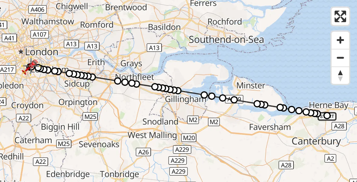 Flight route Air Ambulance Helicopter Herne Bay - Kings College London Hospital, 16 August 2026, 14:50