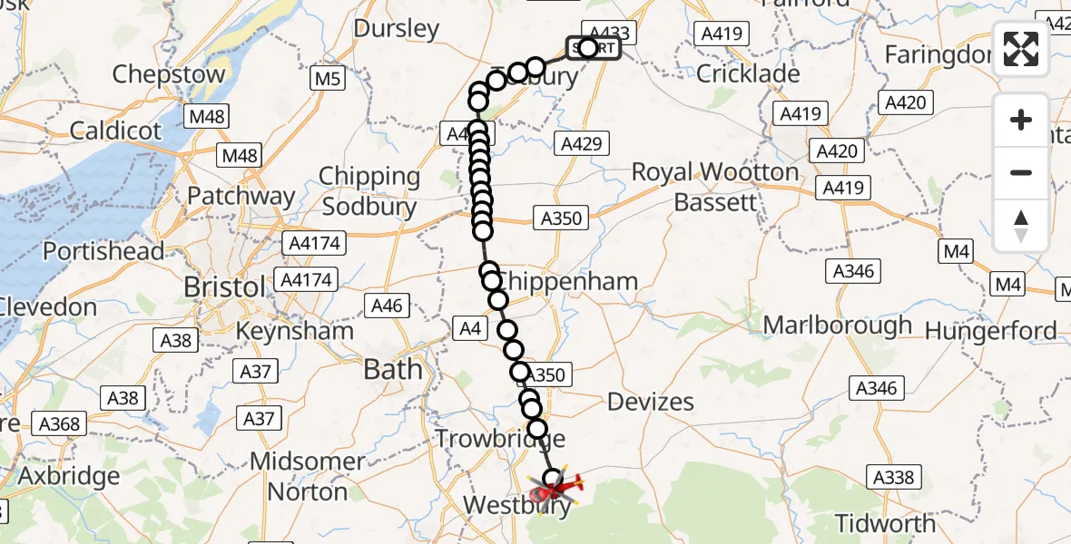 Flight route Air Ambulance Helicopter Cotswold Airport - Bratton, 16 August 2026, 14:54