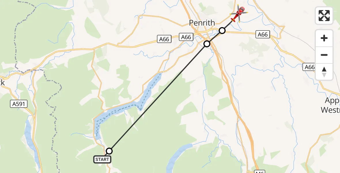 Flight route Air Ambulance Helicopter Glenridding - Edenhall, 16 August 2026, 14:59