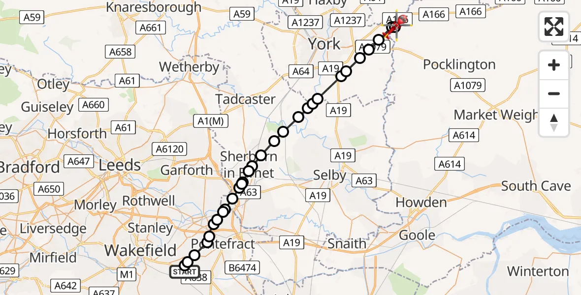 Flight route Air Ambulance Helicopter YAA Nostell Helicopter Port - Low Catton, 16 August 2026, 15:05