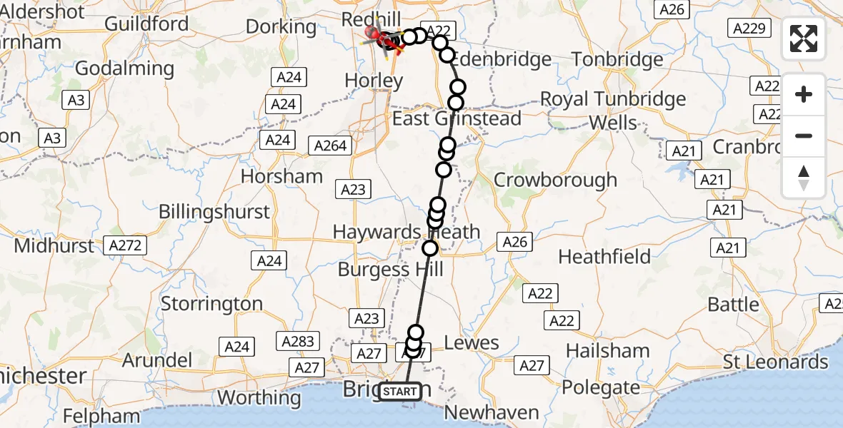 Flight route Air Ambulance Helicopter Brighton - Redhill Aerodrome, 16 August 2026, 15:11
