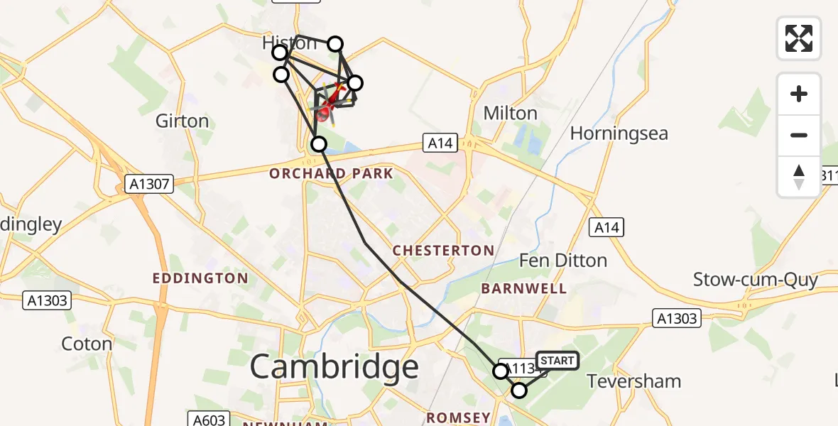 Flight route Air Ambulance Helicopter Cambridge City Airport - Impington, 16 August 2026, 15:12