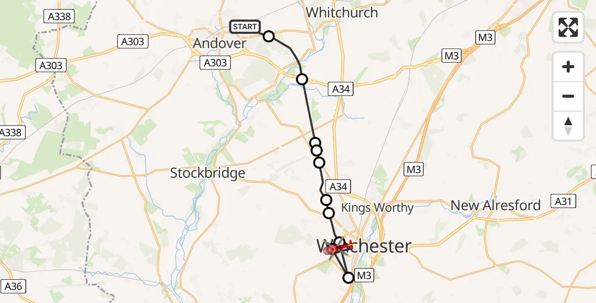 Flight route Air Ambulance Helicopter Andover - Winchester, 16 August 2026, 15:26