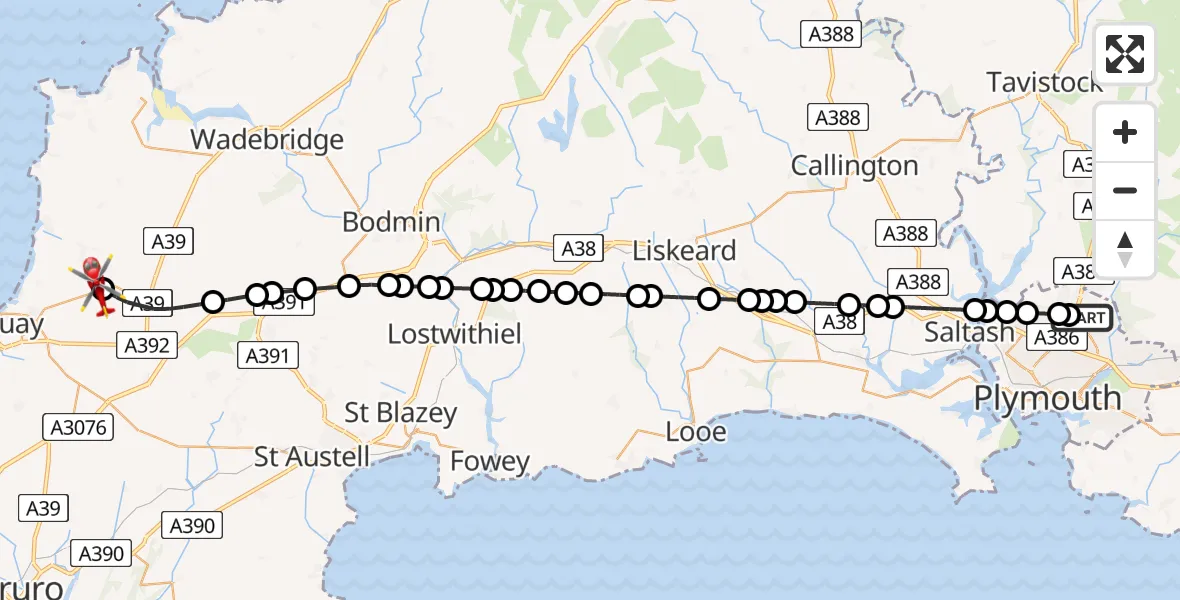 Flight route Air Ambulance Helicopter Derriford Hospital - Cornwall Airport Newquay, 16 August 2026, 15:27