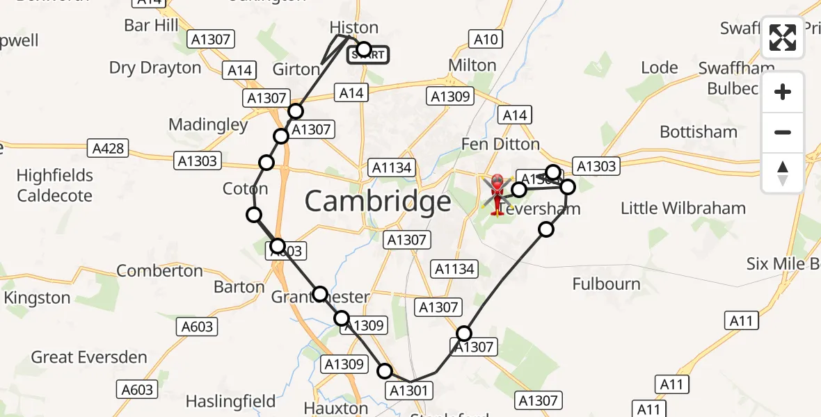 Flight route Air Ambulance Helicopter Impington - Cambridge City Airport, 16 August 2026, 15:40