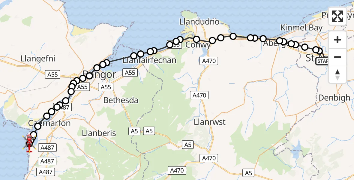 Flight route Air Ambulance Helicopter St Asaph - Caernarfon Airport, 16 August 2026, 15:45