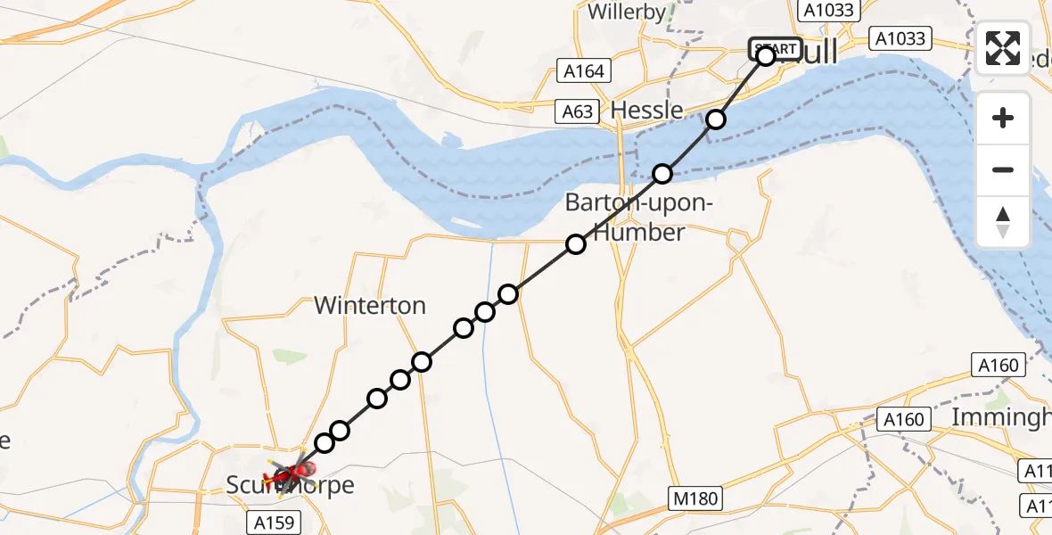Flight route Air Ambulance Helicopter Hull Royal Infirmary - Scunthorpe, 16 August 2026, 15:48