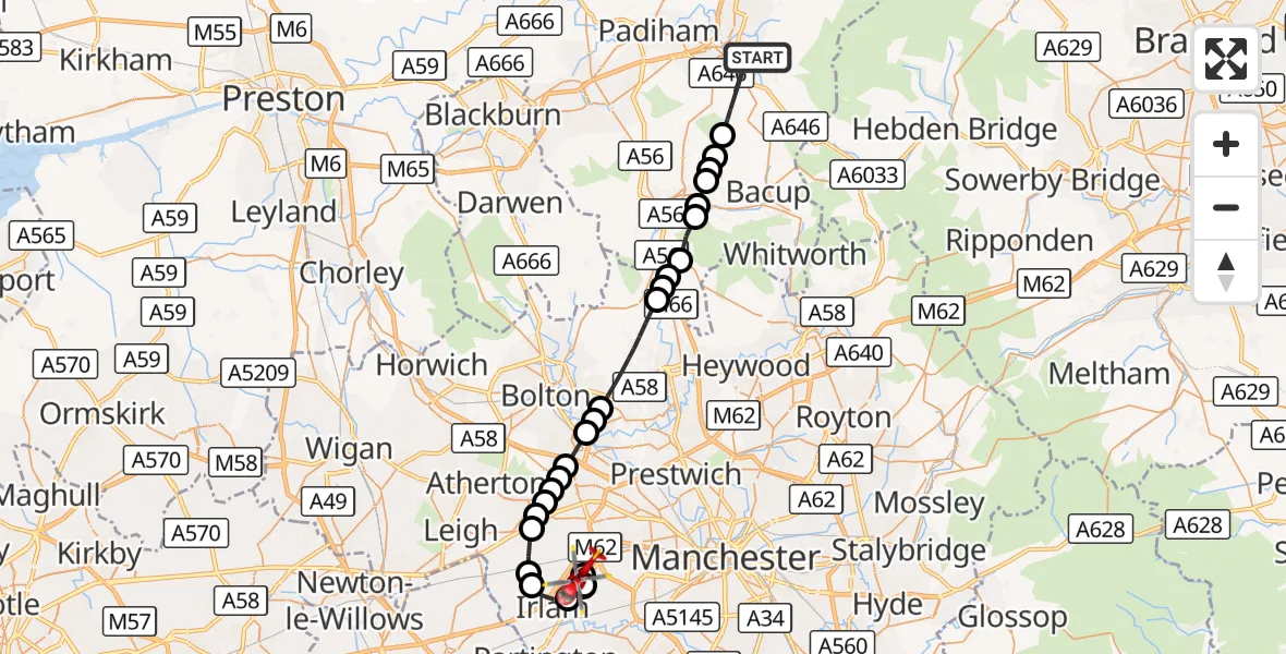 Flight route Air Ambulance Helicopter Burnley - Manchester Barton Aerodrome, 16 August 2026, 15:48
