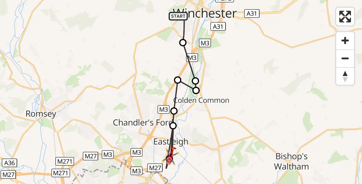 Flight route Air Ambulance Helicopter Winchester - Southampton Airport, 16 August 2026, 16:02