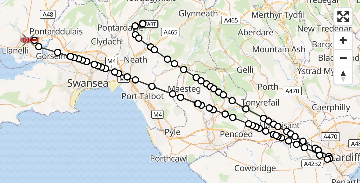 Flight route Air Ambulance Helicopter Crynant - Dafen, 16 August 2026, 16:03